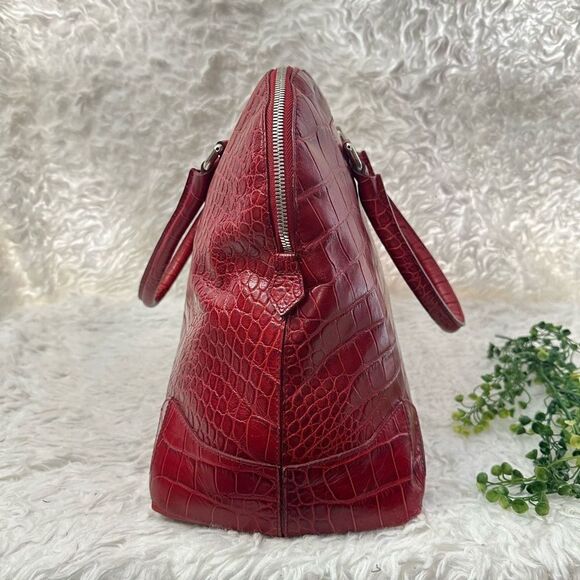 FURLA Ischia Red Cherry Croco Embossed Leather Dome Handbag Zip Top large - Picture 3 of 13